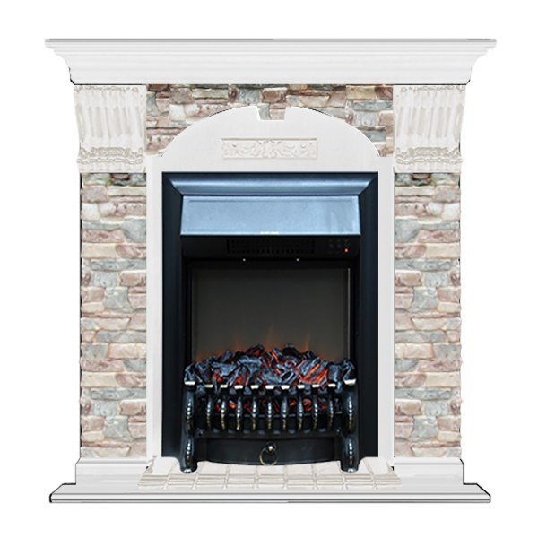 Каминокомплект Glenrich Арочный Magestic black камень Карелия, шпон белый