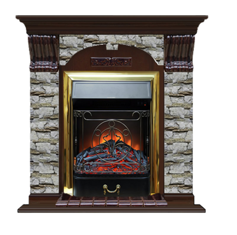 Каминокомплект Glenrich Арочный Magestic brass камень Алтай, шпон дуб