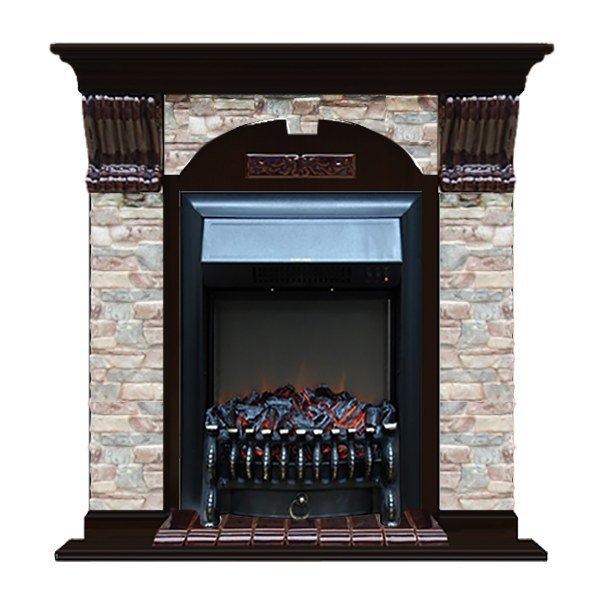 Каминокомплект Glenrich Арочный Fobos brass камень грот цветной, шпон дуб