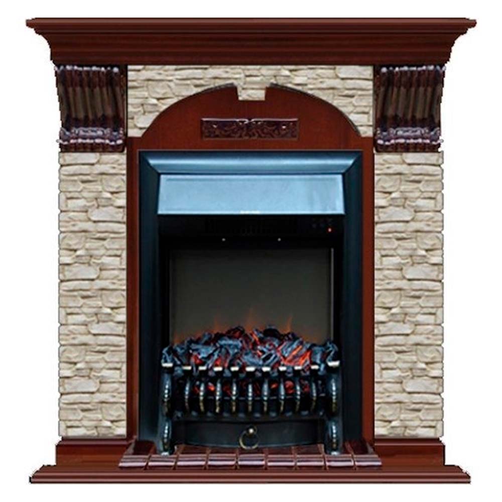 Каминокомплект Glenrich Арочный Magestic black камень Грот однотонный, шпон красное дерево