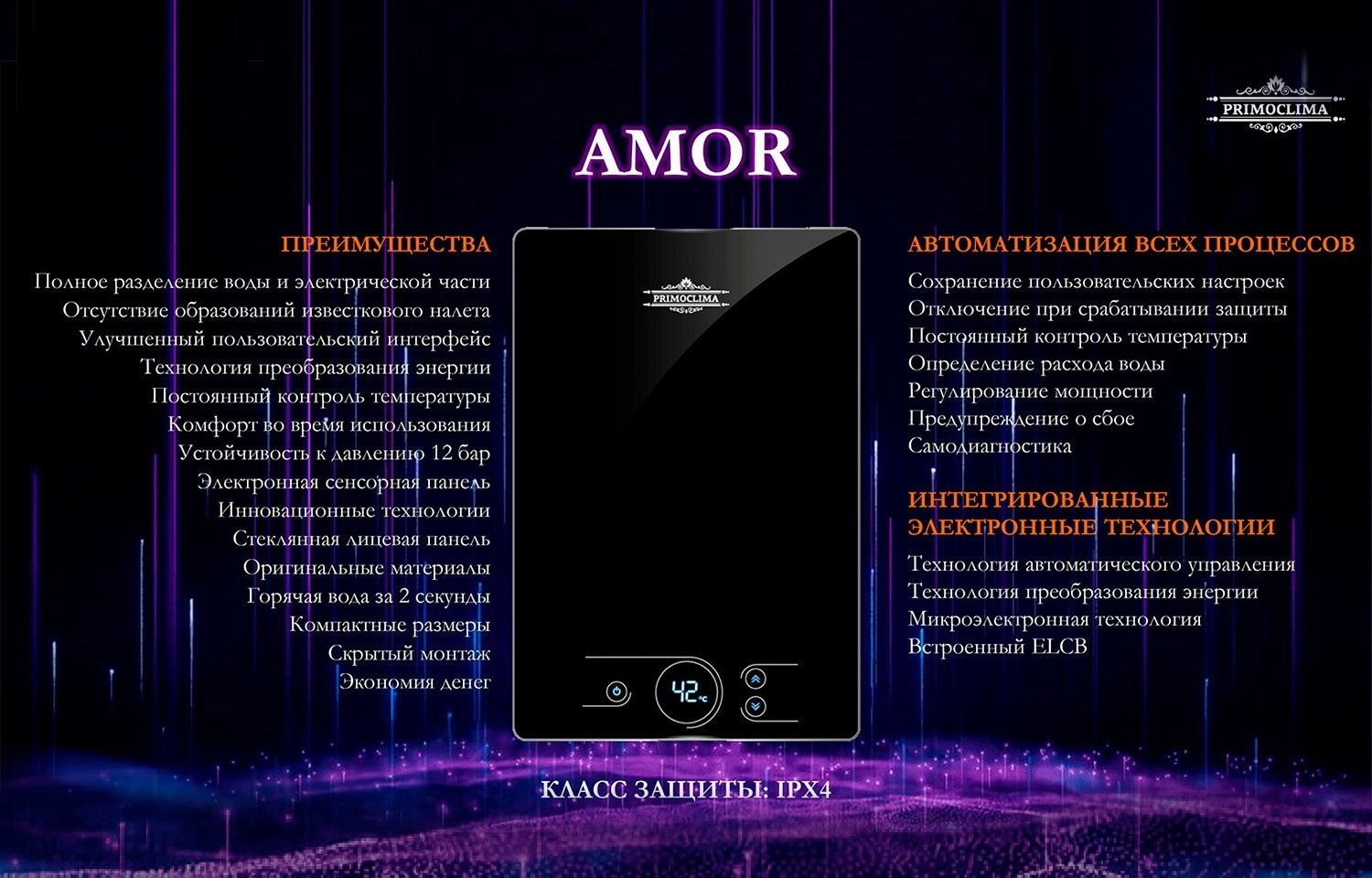 Электрический проточный водонагреватель 8 кВт Primoclima AMOR 8.8 кВт, черный