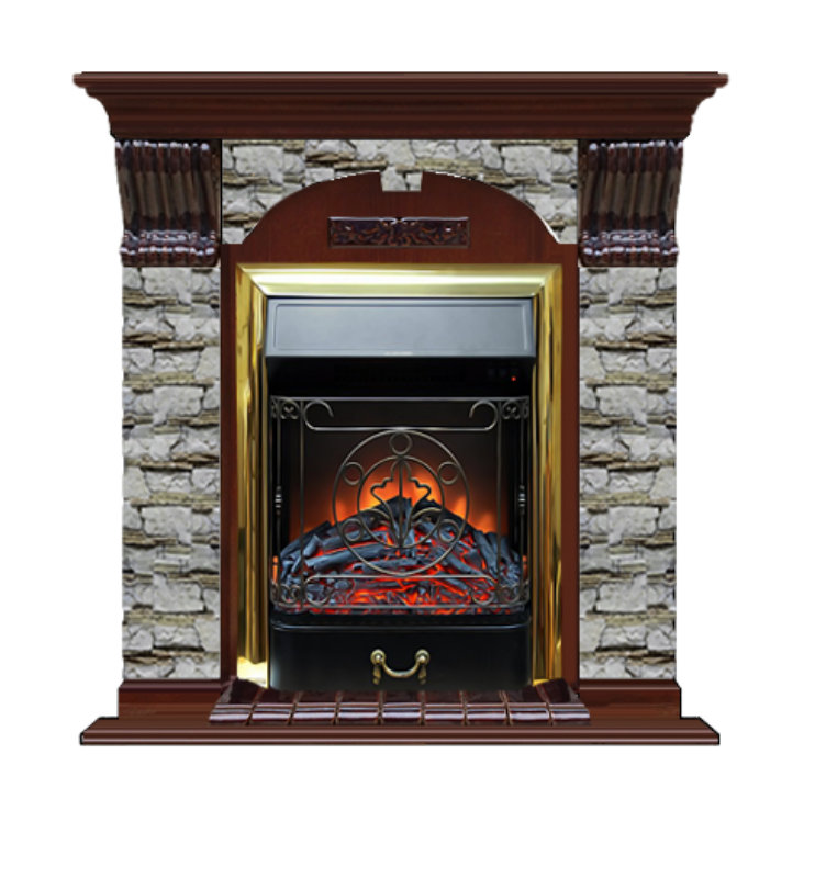 Каминокомплект Glenrich Арочный Magestic brass камень Алтай, шпон красное дерево