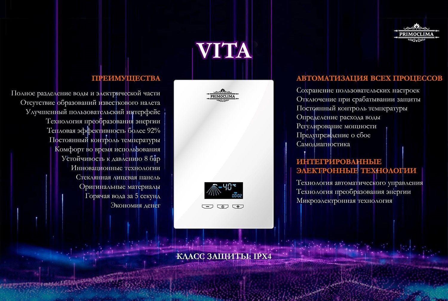 Электрический проточный водонагреватель 8 кВт Primoclima VITA 8.5 кВт, белый