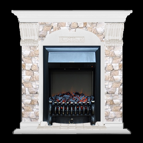 Каминокомплект Glenrich Арочный Fobos black камень Карелия, шпон беленый дуб