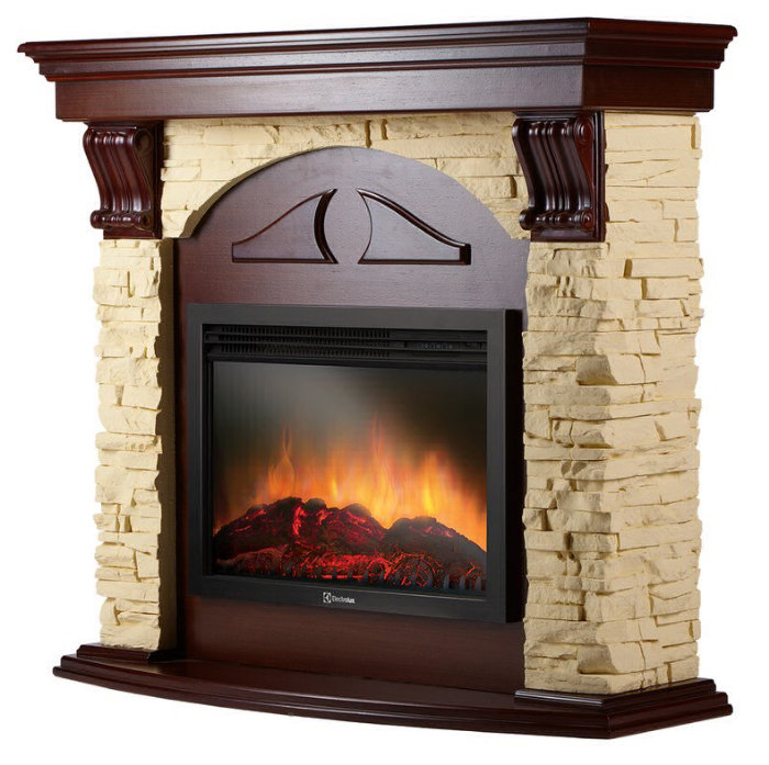 Каминокомплект Electrolux Torre 26/30U (угловой) с очагом EFP/P-2620RLS камень слоновая кость, шпон темный дуб