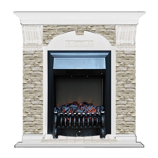 Каминокомплект Glenrich Арочный Magestic black камень Грот однотонный, шпон белый