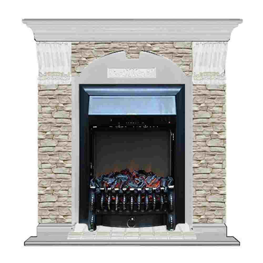 Каминокомплект Glenrich Арочный Fobos black камень грот однотонный, шпон беленый дуб