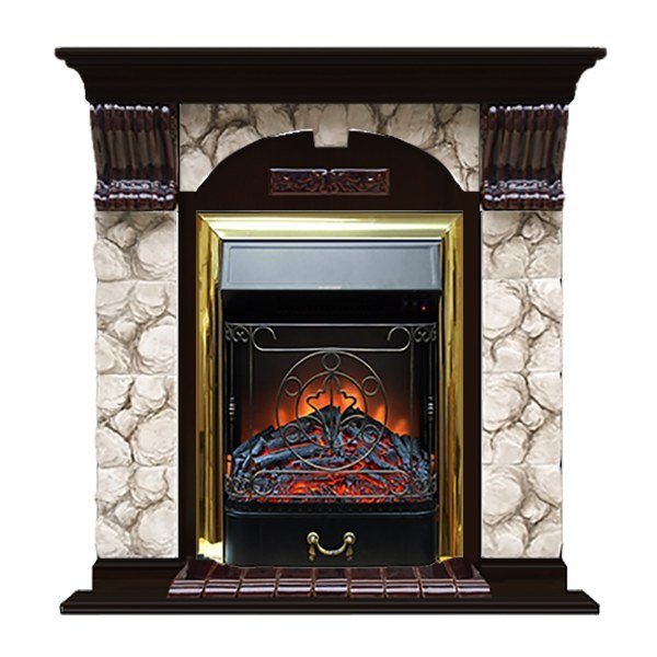 Каминокомплект Glenrich Арочный Magestic brass камень Карелия, шпон венге