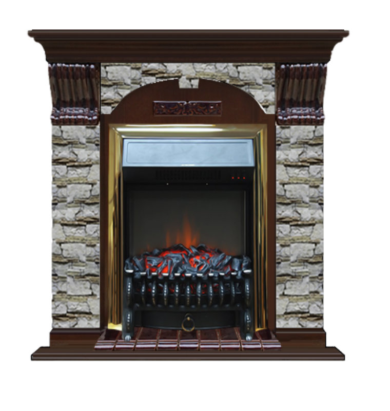 Каминокомплект Glenrich Арочный Fobos brass камень Алтай, шпон дуб