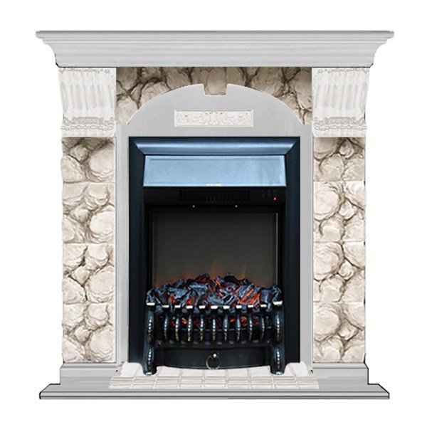 Каминокомплект Glenrich Арочный Magestic brass камень Карелия, шпон беленый дуб