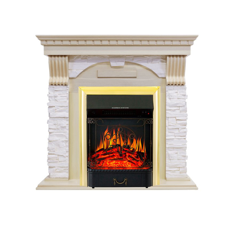 Каминокомплект Royal Flame  Dublin - Слоновая кость с патиной / Сланец крем с очагом Majestic FX Brass