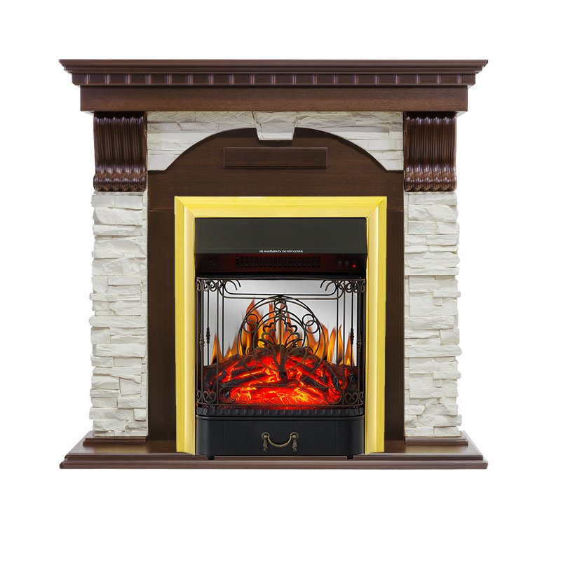 Каминокомплект Royal Flame  Dublin угловой - Темный дуб / Сланец белый с очагом Majestic FX M Brass