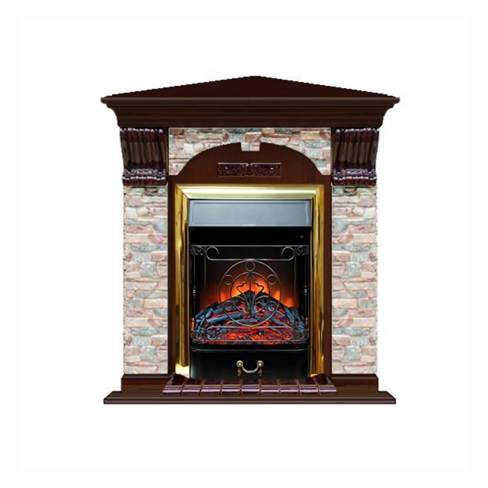 Каминокомплект Glenrich Арочный Грот цветной угловой (Magestic brass) дуб