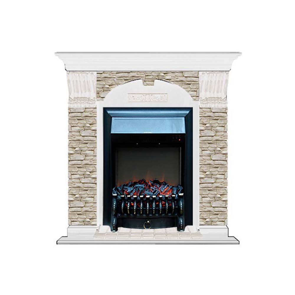 Каминокомплект Glenrich Арочный Fobos brass камень грот однотонный, шпон белый