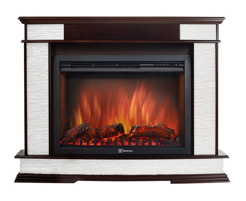 Каминокомплект Electrolux Scala 26/30 с очагом EFP/P-3020LS камень сланец скалистый белый, шпон тёмный дуб