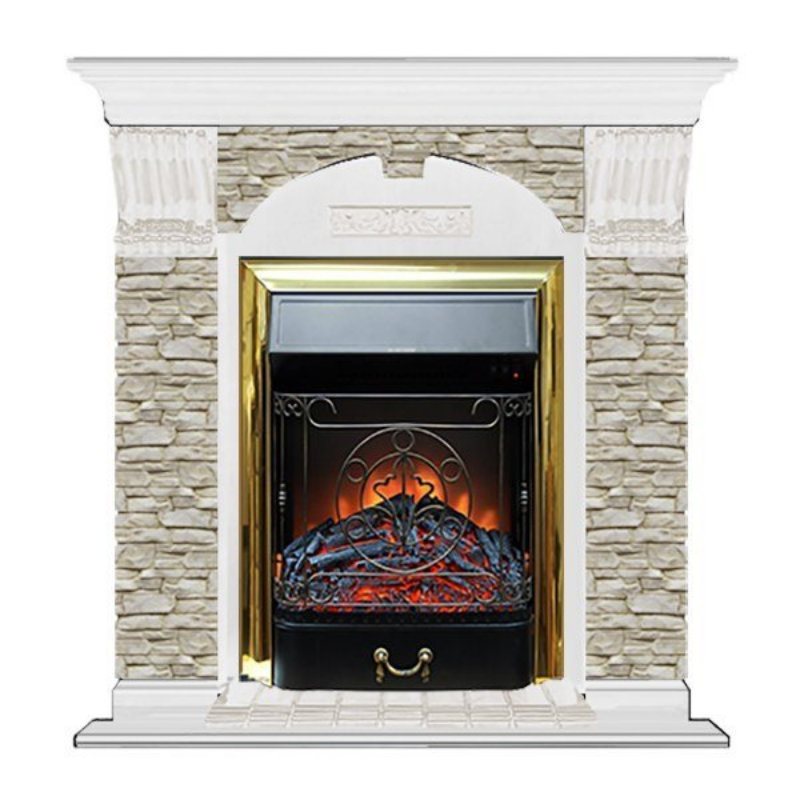 Каминокомплект Glenrich Арочный Magestic brass камень Грот однотонный, шпон белый