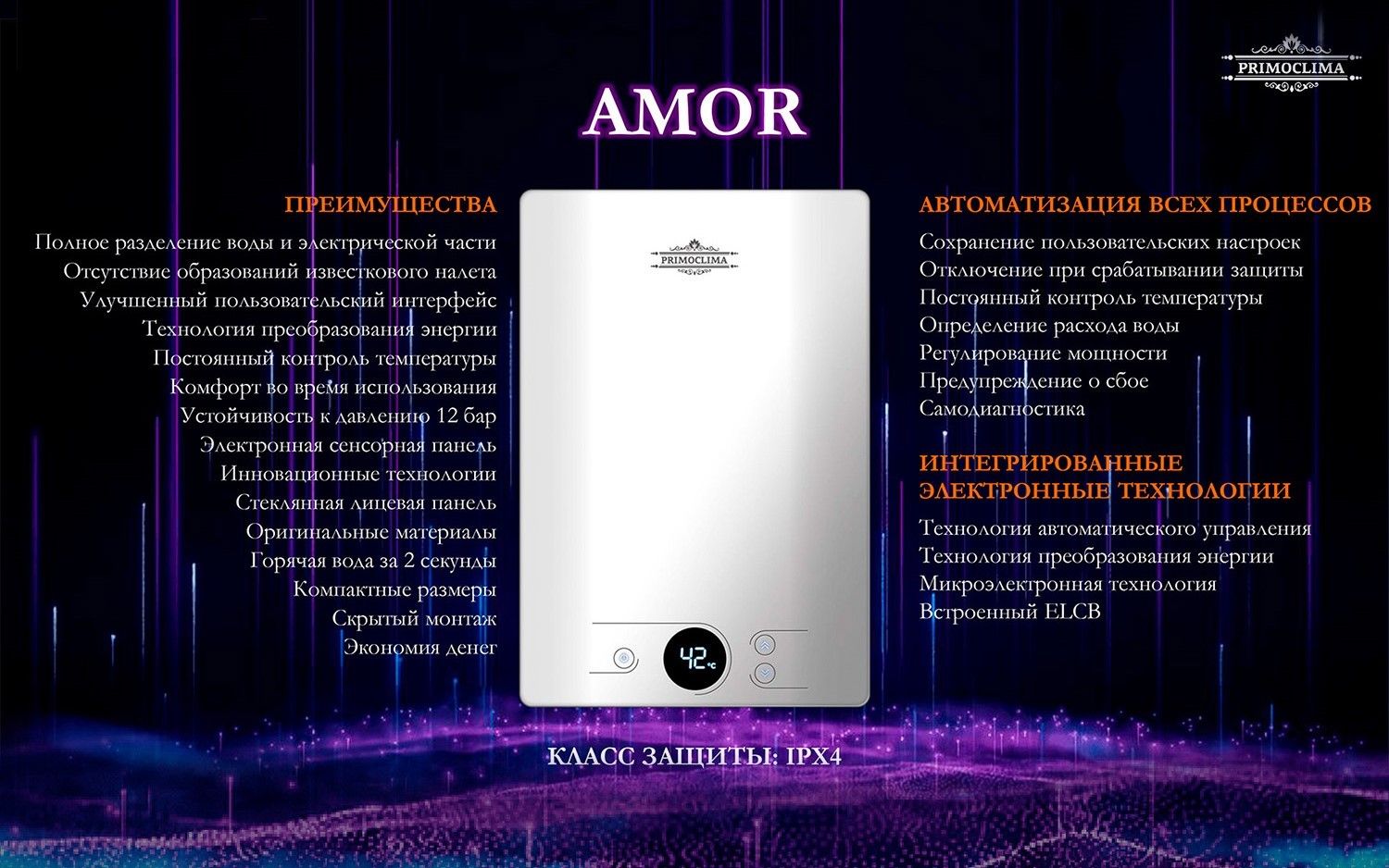 Электрический проточный водонагреватель 8 кВт Primoclima AMOR 8.8 кВт, белый