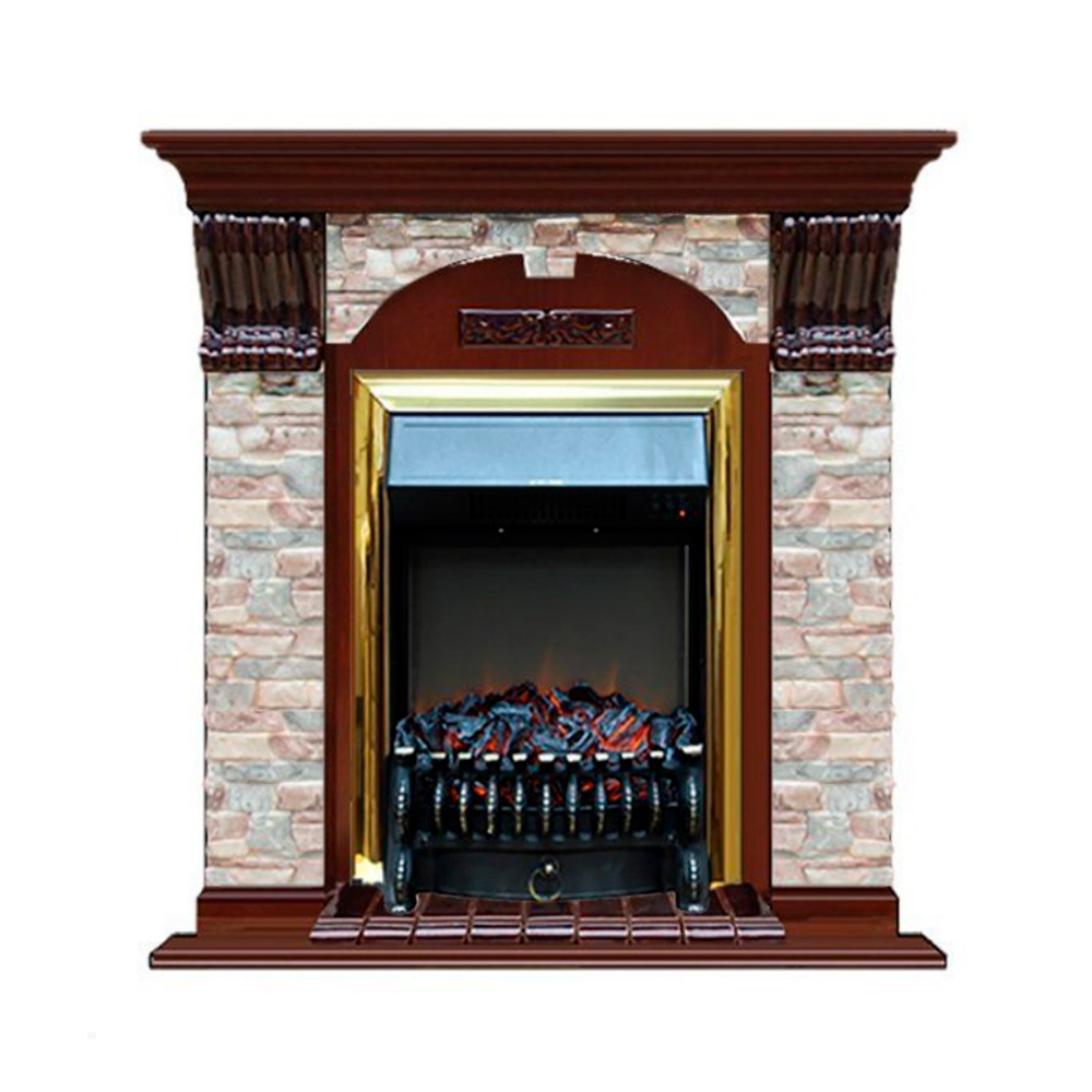 Каминокомплект Glenrich Арочный Грот цветной (Magestic brass) красное дерево
