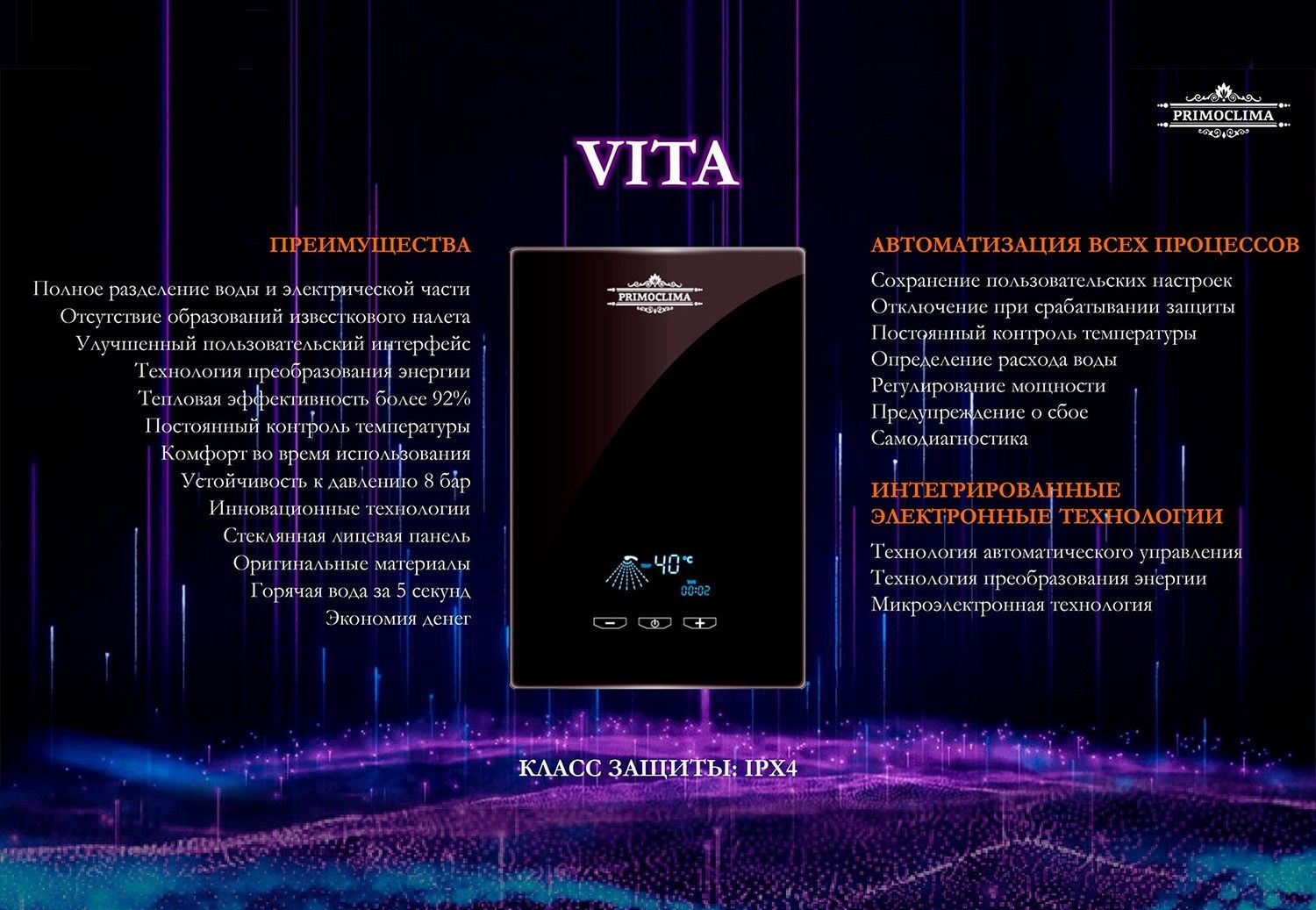Электрический проточный водонагреватель 8 кВт Primoclima VITA 8.5 кВт, черный