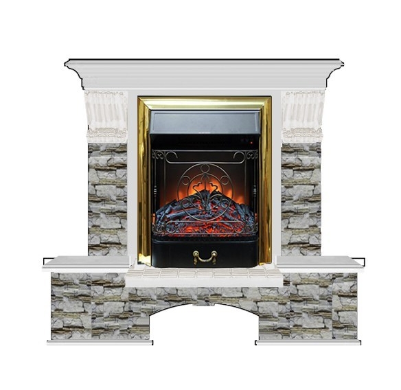 Каминокомплект Glenrich Бостон К Алтай (Magestic brass) белый дуб