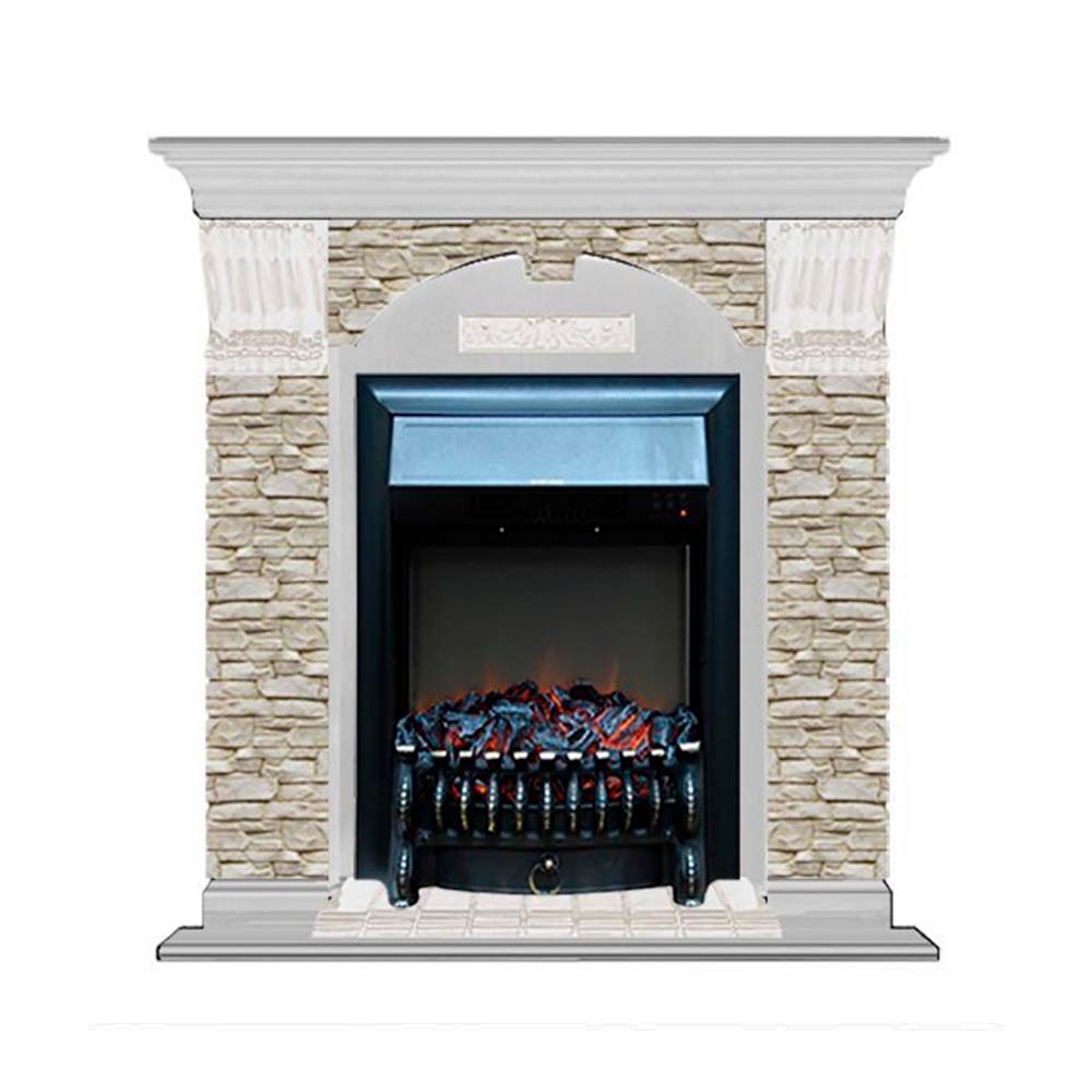 Каминокомплект Glenrich Арочный Fobos brass камень грот однотонный, шпон беленый дуб