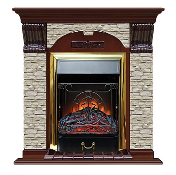 Каминокомплект Glenrich Арочный Magestic brass камень Грот однотонный, шпон красное дерево