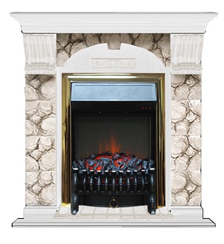 Каминокомплект Glenrich Арочный (угловой) Fobos brass камень Карелия, шпон белый