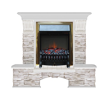 Каминокомплект Glenrich Бостон К Грот цветной (Fobos brass) белый дуб