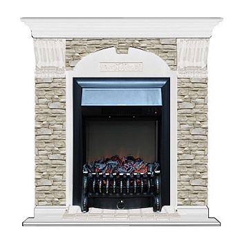 Каминокомплект Glenrich Арочный Magestic black камень Грот однотонный, шпон белый