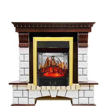 Каминокомплект Royal Flame  Pierre Luxe угловой - Темный дуб / Белый с очагом Majestic FX M Brass
