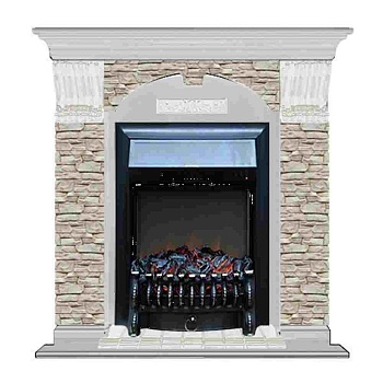 Каминокомплект Glenrich Арочный Fobos black камень грот однотонный, шпон беленый дуб