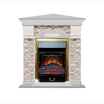 Каминокомплект Glenrich Арочный Грот цветной угловой (Magestic brass) белый дуб