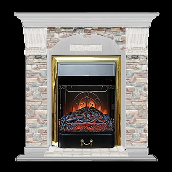 Каминокомплект Glenrich Арочный Грот цветной (Magestic brass) белый дуб