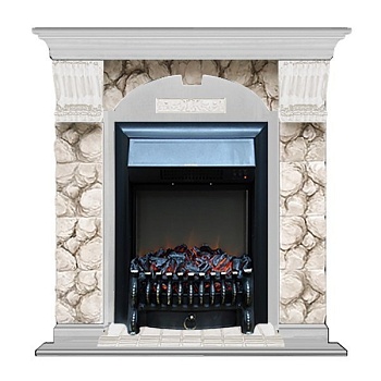 Каминокомплект Glenrich Арочный Magestic brass камень Карелия, шпон беленый дуб