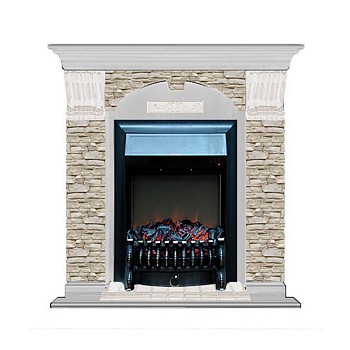 Каминокомплект Glenrich Арочный Fobos brass камень грот однотонный, шпон беленый дуб