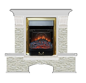 Каминокомплект Glenrich Бостон К Грот однотонный (Magestic brass) белый дуб